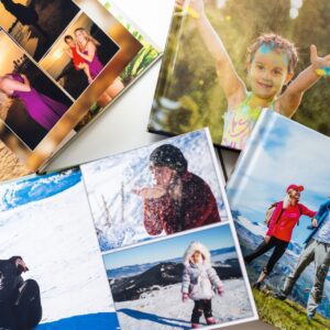 Collage of custom 10x10 lay-flat photo books showcasing beautifully designed family yearbooks with premium layouts and vibrant colors.